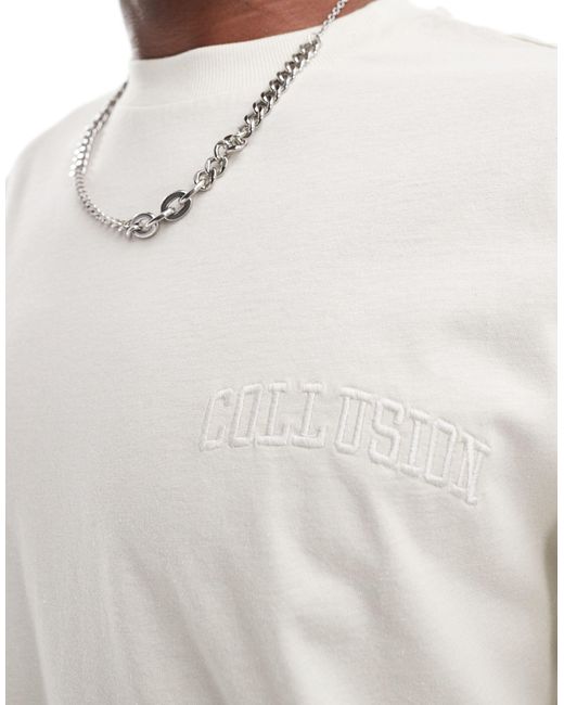 Collusion White Varsity Embroidered Logo T-shirt for men