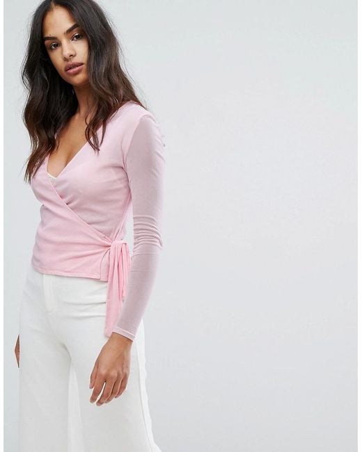 Warehouse Pink Mesh Wrap Top