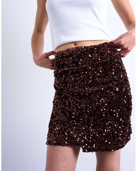 TOPSHOP Brown Velvet Sequin Drape Mini Skirt
