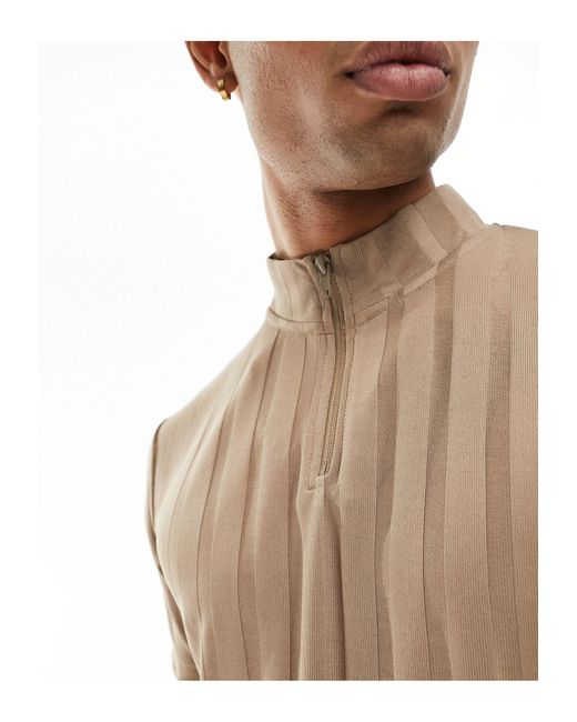T-shirt côtelé brillant avec col montant zippé ASOS pour homme en coloris Brown