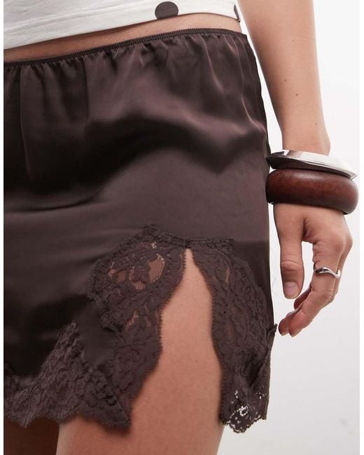 Monki Brown Lace Trim Satin Mini Skirt