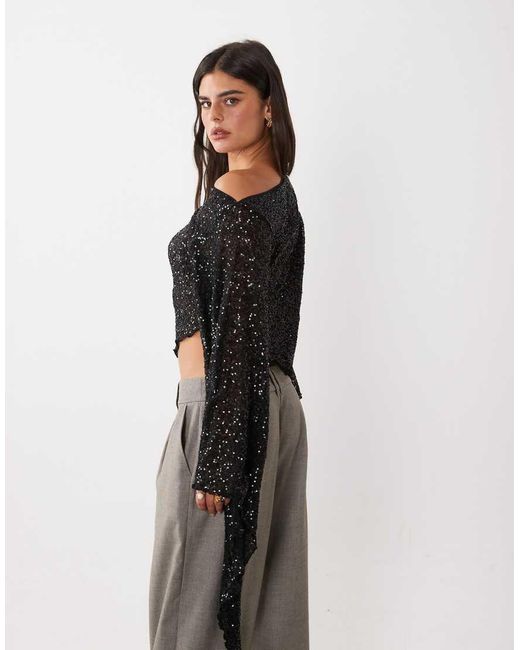 ASOS Brown Sequin Asymmetrical Draped Sleeve Top