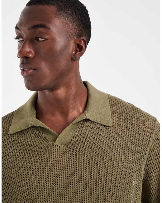 ASOS Green Relaxed Short Sleeve Knitted Mesh Notch Neck Polo for men