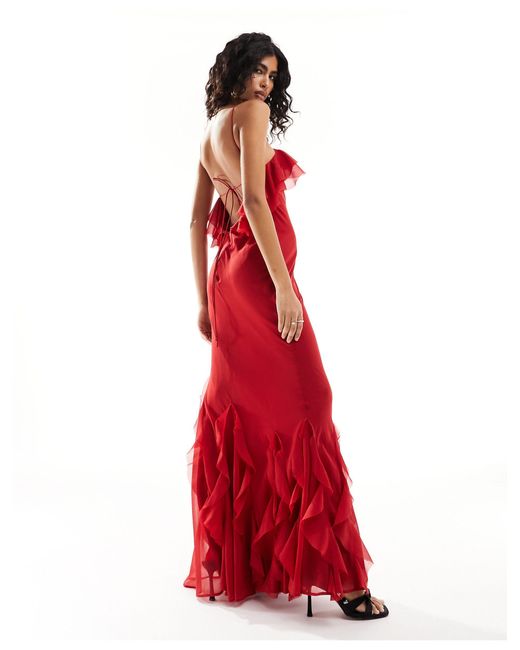 ASOS Red Ruffle Halter Bias Maxi Dress With Ruffle Hem