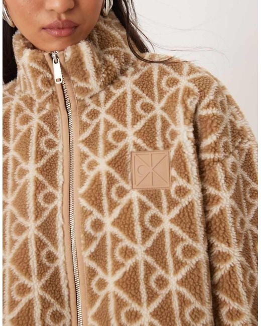 Calvin Klein Brown Monogram Logo Sherpa Jacket
