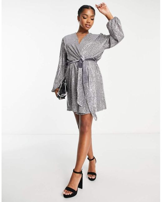 Style Cheat Gray Sequin Wrap Tie Mini Dress