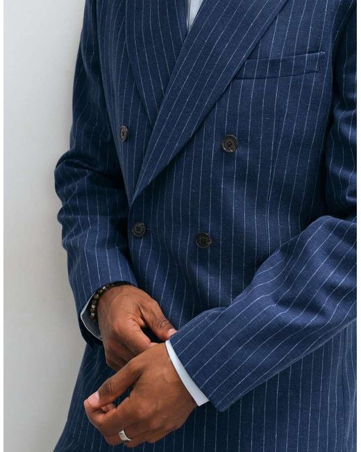 ASOS Blue Slim Double Breasted Suit Jacket With Linen for men