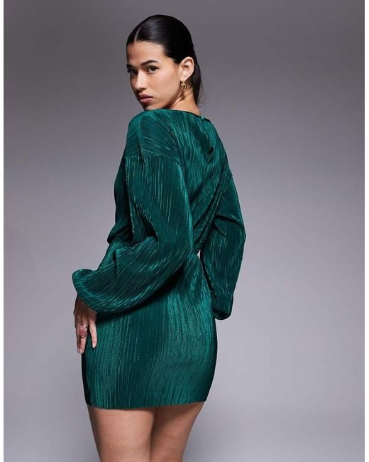 ASOS Plissé Mini Jurk Met Gedraaide Voorkant in het Green