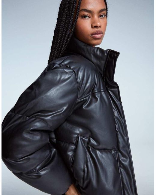 Bershka Black Leather Effect Puffer Jacket