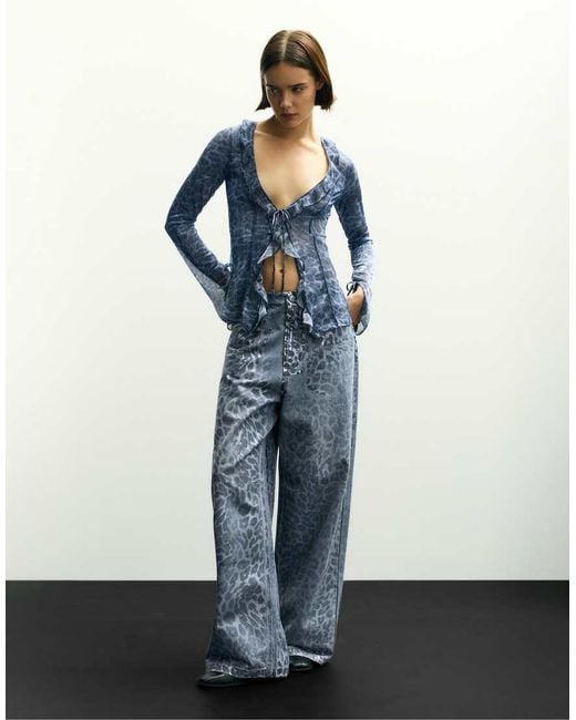 Pull&Bear Blue Leopard Print Frilled Top