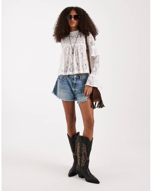 Free People White Boho Ruffle Long Sleeve Lace Blouse