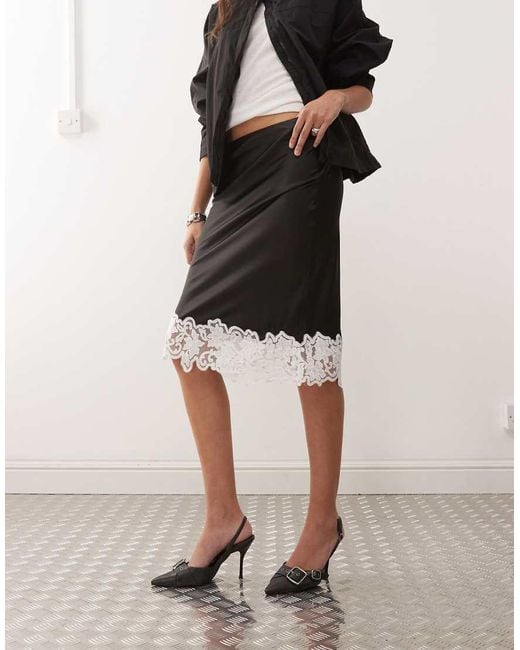 Lioness Natural Anchored Contrast Lace Hem Midi Skirt