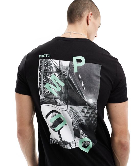 T-shirt nera con stampa fotografica sulla schiena di Bershka in Black da Uomo