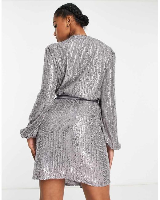 Style Cheat Gray Sequin Wrap Tie Mini Dress