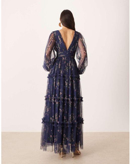 LACE & BEADS Maxi-Jurk Met Diepe V-Hals, Doorschijnende Klokmouwen En Bloemenprint in het Blue