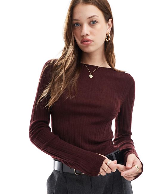 & Other Stories Purple Merino Wool Knitted Rib Fitted Top With Boat Neck And Split Cuffs