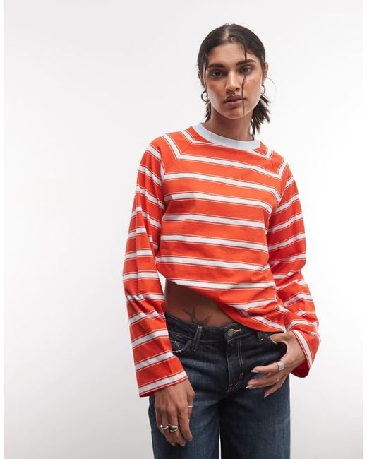 Collusion Red Long Sleeve Boxy Stripe Raglan Tee