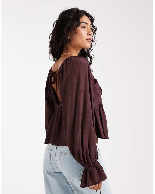 ASOS Purple V Neck Crinkle Long Sleeve Blouse