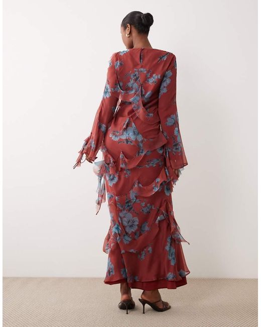 ASOS Red Draped Raw Edge Ruffle Trim Long Sleeve Maxi Dress