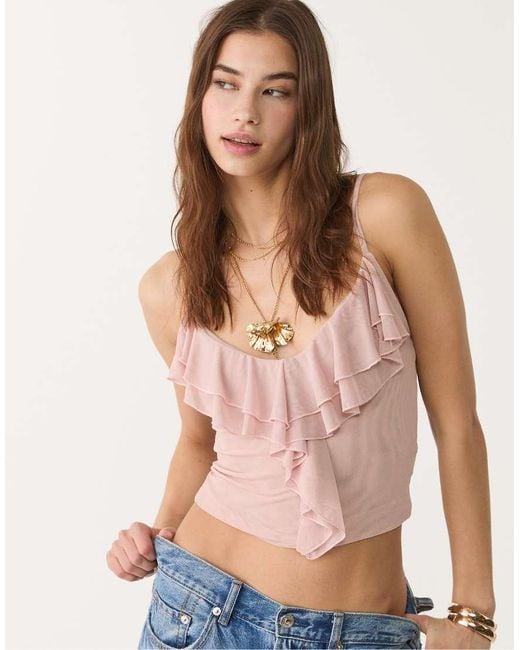 Stradivarius Pink Ruffled Tulle Top
