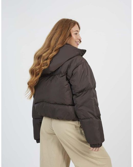 Brave Soul Brown Oversized Hooded Short Puffer Jacket