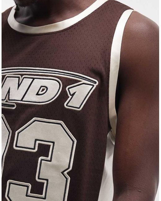 AND1 Brown Logo Airtex Vest Co-ord With Contrast Panels for men