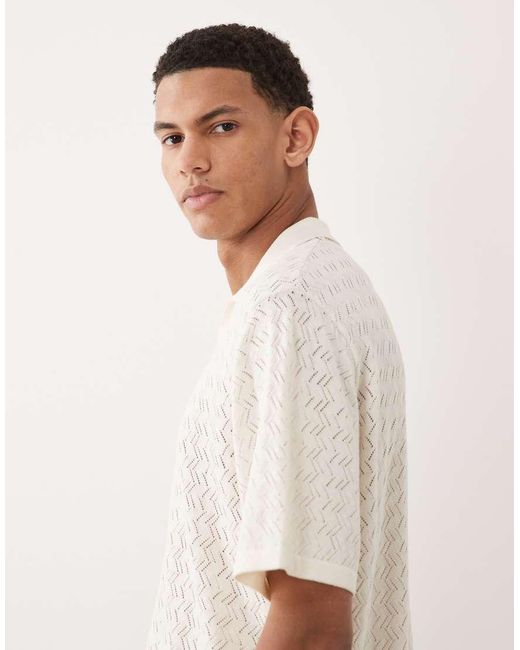Jack & Jones White Split Neck Polo Crochet Knit for men