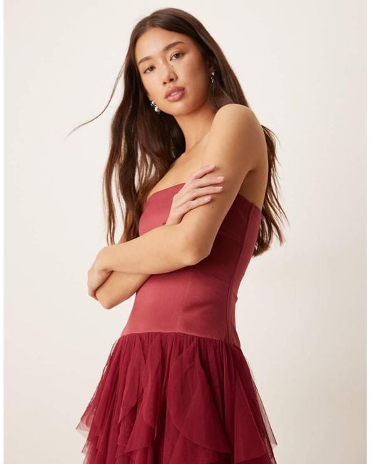 LACE & BEADS Red Bandeau Tulle Ruffle Detail Maxi Dress