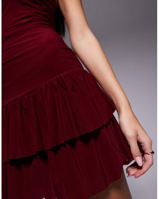 Fashionkilla Purple Exclusive Double Sculpted Slinky Bandeau Drop Waist Ruffle Hem Mini Dress