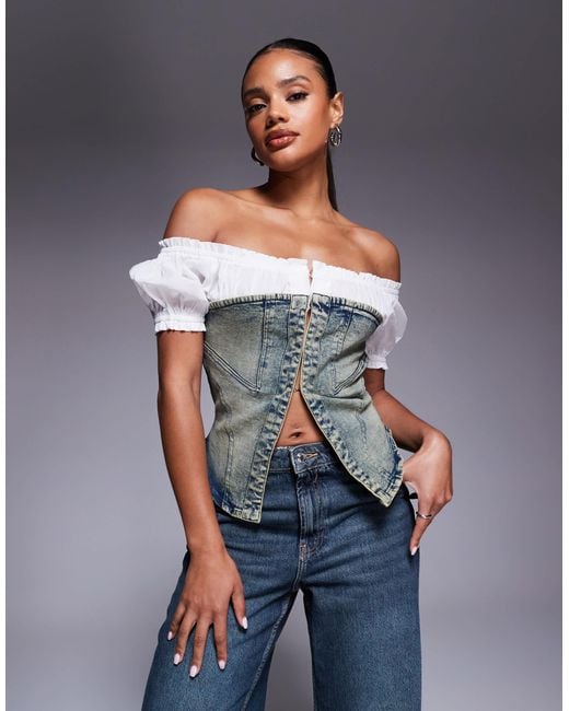 Liquor N Poker Gray Hook Eye Denim Corset With Milkmaid Sleeves