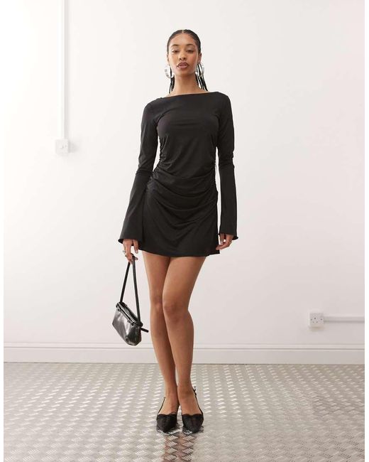 Monki Natural Long Sleeve Ruched Mini Dress