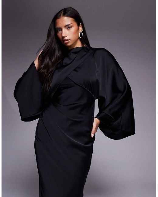 ASOS Blue Wrap Front Batwing Satin Bias Cut Maxi Dress