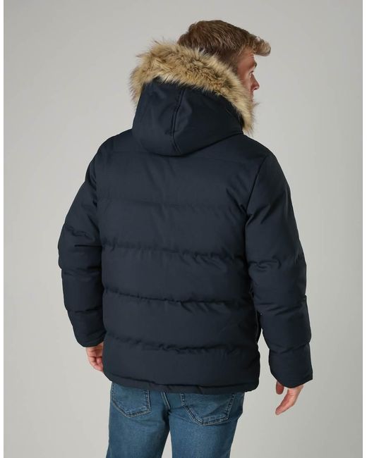 French Connection Blue Faux Fur Hooded Padded Parka Mid-Length Jacket for men