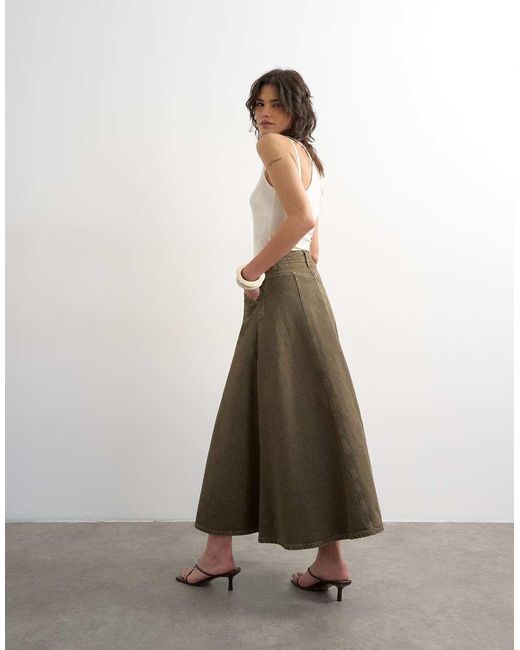 TOPSHOP Green Denim Circle Seamed Maxi Skirt