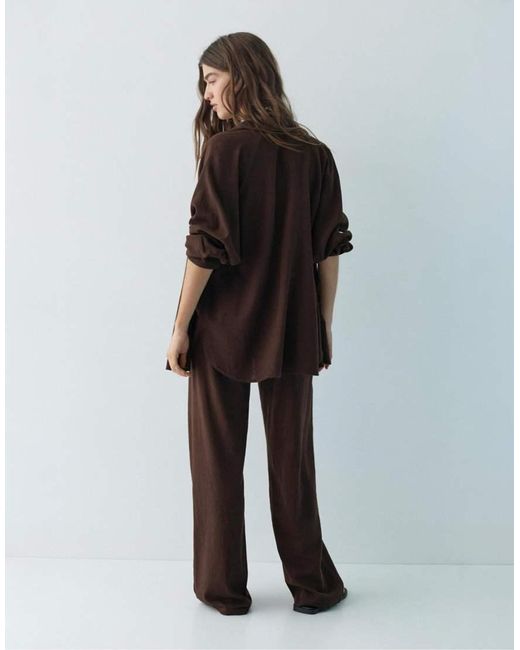 Pull&Bear Brown Linen Blend Long Sleeve Shirt