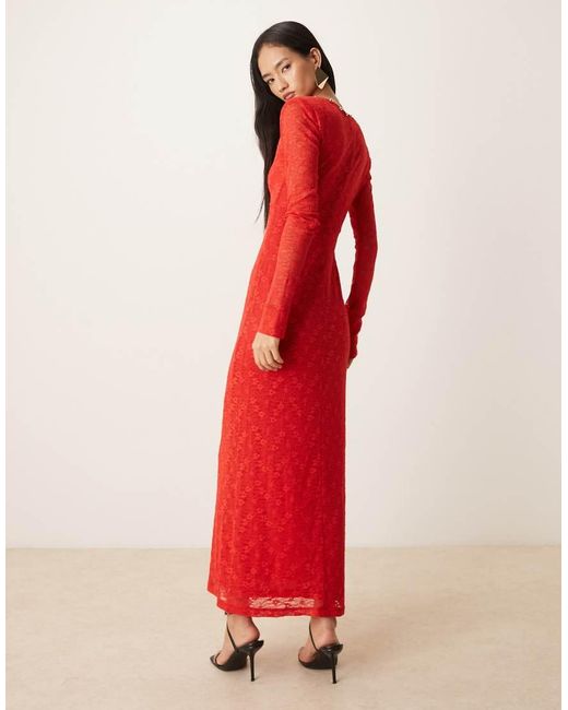Bardot Red Zenia Lace Overlay Plunge Button Detail Long Sleeve Midi Dress