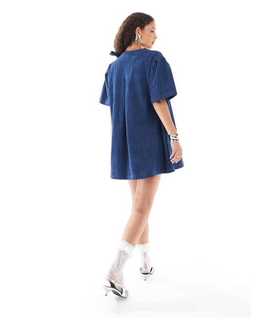 Ghospell Blue Bow Detail Textured Mini Dress