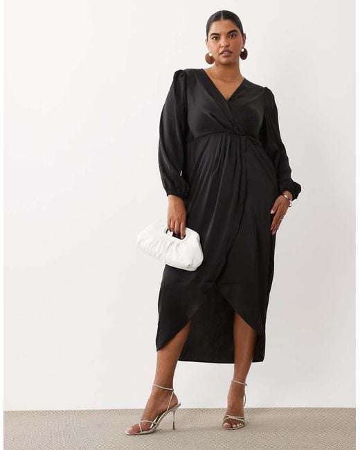 Vila Curve Black Curve Wrap Detail Satin Maxi Dress