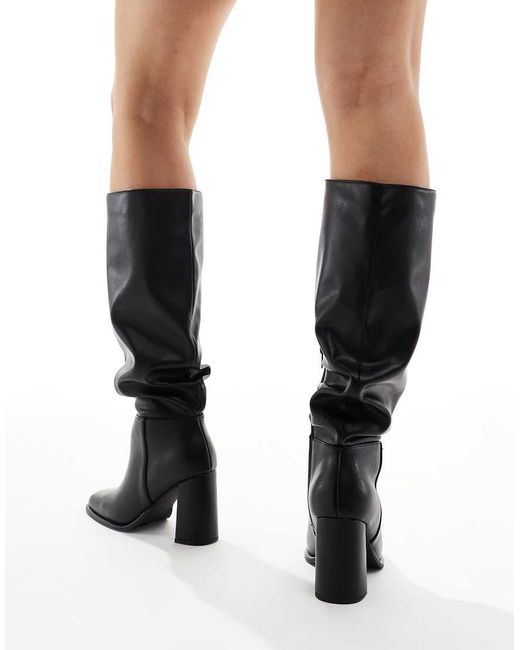 London Rebel White maggie Slouchy Block Heel Boots