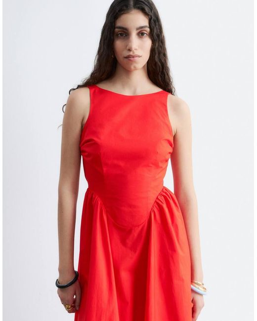 & Other Stories Red Rich Cotton Volume Waist Hem Midi Dress