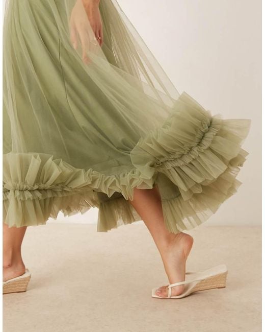 LACE & BEADS Green Corset Tulle Ruffle Hem Midaxi Dress