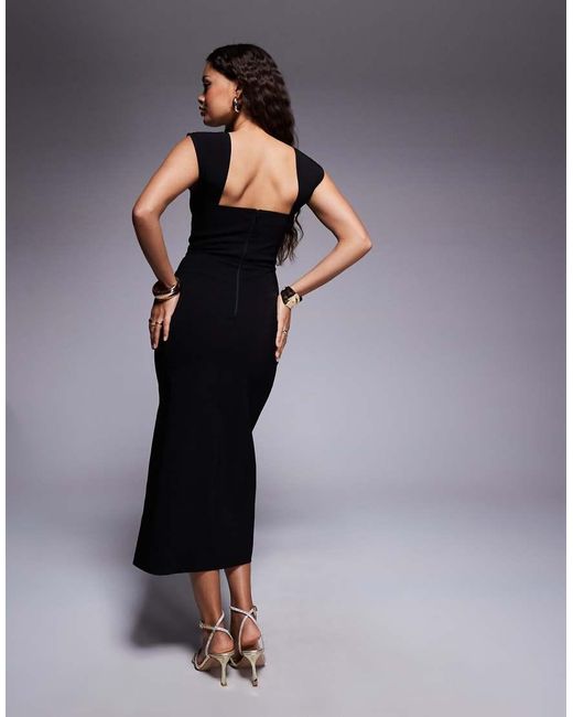 Vesper Petite Blue Bengaline Square Neck Thigh Split Midi Dress