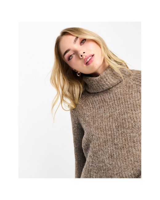 Vero Moda Brown Fluffy High Neck Jumper With Turn Up Sleeves