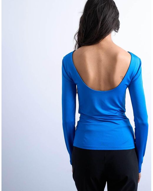 TOPSHOP Top Van Gladde Stof Met Lage Ronde Achterkant En Lange Mouwen in het Blue