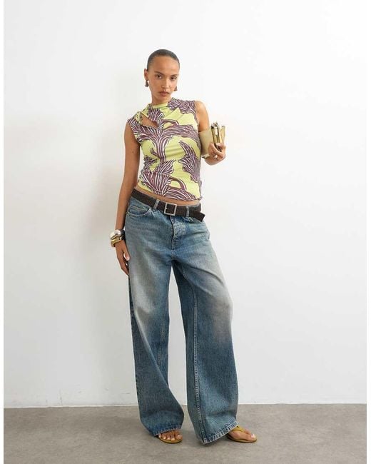 TOPSHOP Green Printed Ruched Neck Tie Cut Out Top