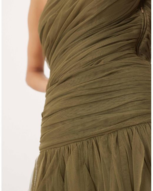 LACE & BEADS Green Bridesmaid One Shoulder Waterfall Ruffle Maxi Dress