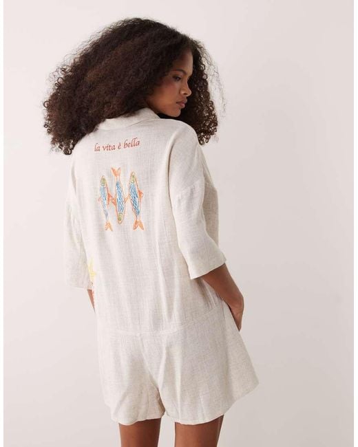 ASOS Natural Short Sleeve Shirt Playsuit With Embroidery Detail