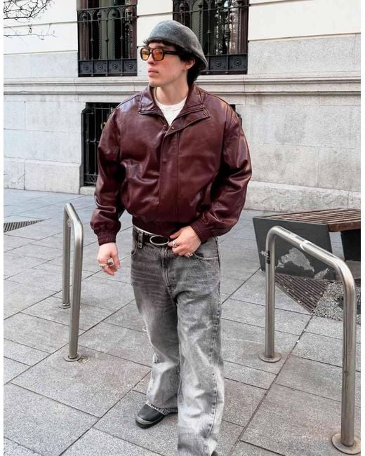 Bershka Brown Boxy Faux Leather Jacket for men