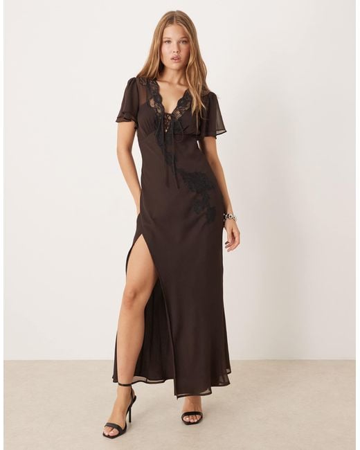 ASOS Natural Flutter Sleeve Tie Front Maxi Tea Dress With Lace Detail