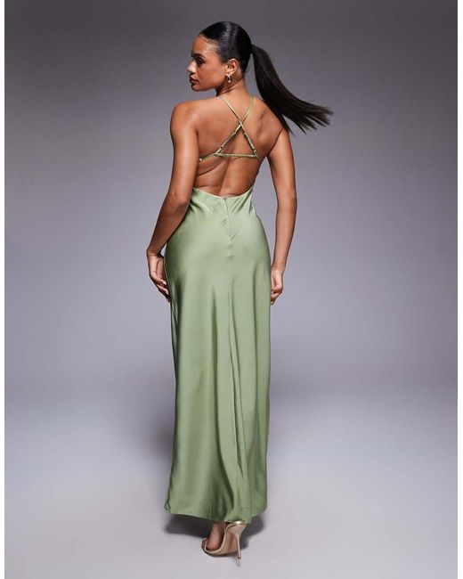 ASOS Green Satin Strappy Halter Maxi Dress With Contrast Bust
